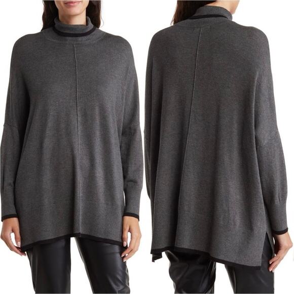 Adrianna Papell Tipped Turtleneck Sweater XL Heather Gray Black Trim Super Soft - Picture 2 of 9